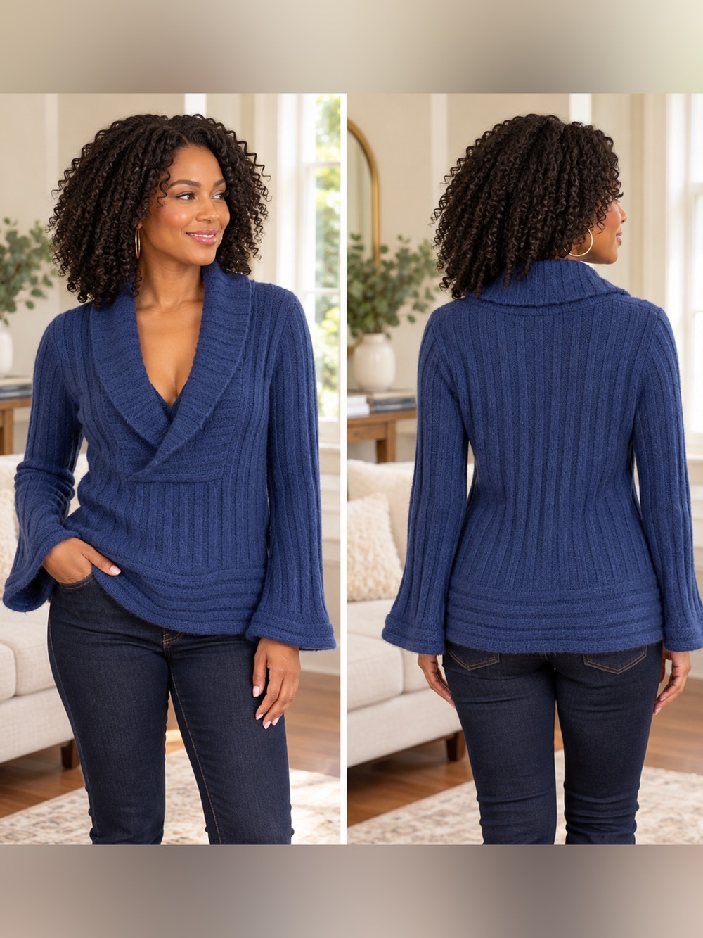 Anthropologie Guinevere Blue Alpaca Merino Wool Shawl Collar Sweater M